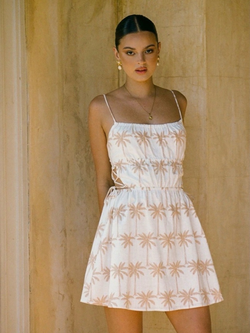 SABO Taj White Palm-Print Spaghetti Strap Sundress xs
